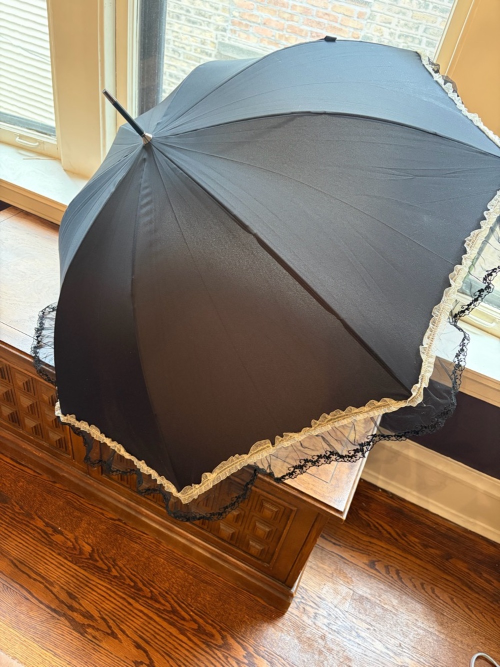 Guy de Jean Black and White Lace Trim Umbrella